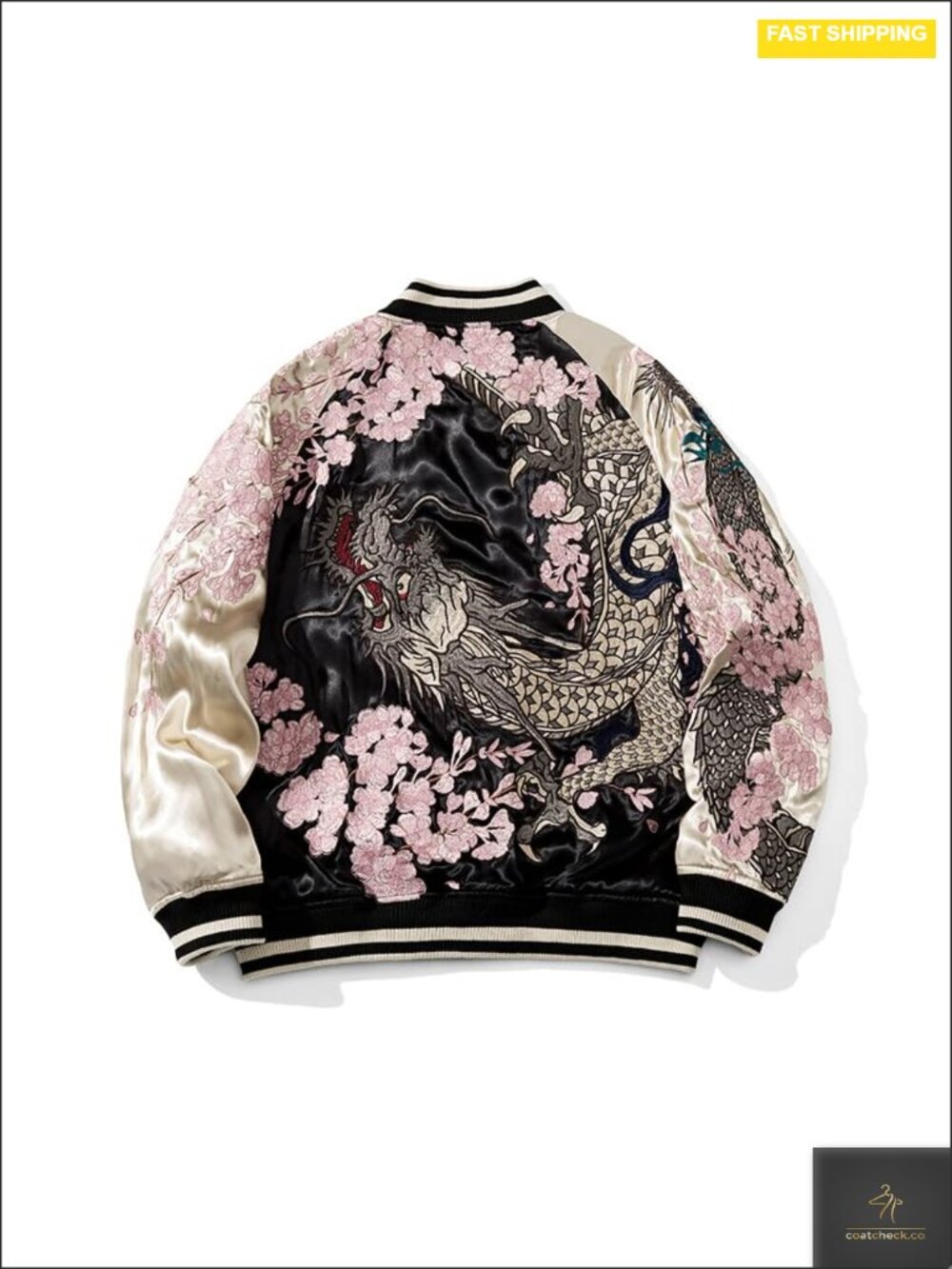 Reversible Satin Embroidered Bomber Jacket Vintage Zip Up Windbreaker